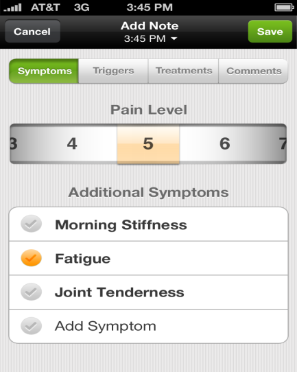 A screenshot of a mobile phone screen with a list of symptoms and treatments. The list is titled "Add Note" and is displayed at the top of the screen. Below the list there are three options - Symptoms Triggers Treatments and Comments. <br /><br />The first option is "Pain Level" which is a table with three columns - "3" "4" "5" and "6". The second option is labeled "Additional Symptoms" and has a checkmark next to it. The third option is listed as "Morning Stiffness" "Fatigue" "Joint Tenderness" and the fourth option is labeled as "Add Symptoms".<br /><br />At the bottom of the image there is a button that says "Cancel" and a "Save" button. The background of the screenshot is white.