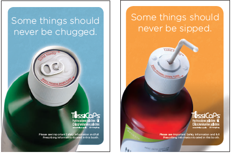 Divided into two sections. On the left side there is a green bottle with a white cap and a red label. The label has the words "Some things should never be chugged" written in white text. The background of the image is a light blue color.<br /><br />On the right side of the left section there are two smaller images of the same bottle. The bottle is red and has a white straw sticking out of the top. The text on the label reads "TussiCaps" in white letters. The image also has an orange background with white text that reads "some things should" in black letters.