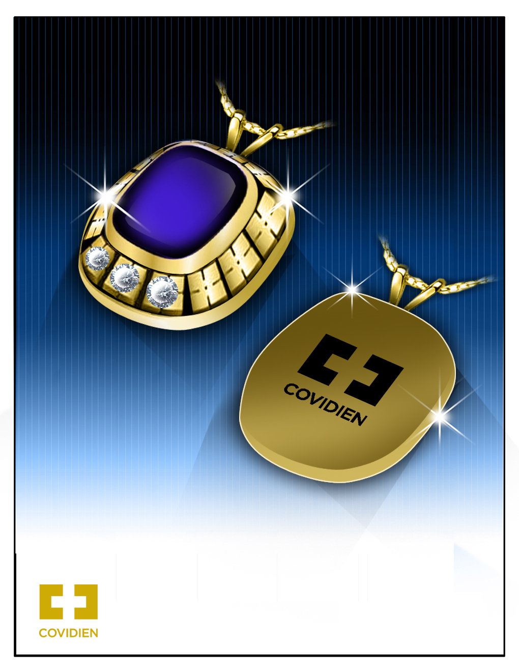 A digital illustration of two pendants. The pendants are gold in color and have a circular shape with a blue stone in the center. The stone is surrounded by small diamonds giving the pendants a luxurious and elegant look. The background is a gradient of blue and black creating a striking contrast with the gold. On the right side of the image there is a gold pendant with the word "COVIDIEN" written on it in black. The overall design is modern and luxurious.