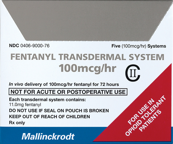 A label for a Fentanyl Transdermal System. The label is rectangular in shape and has a white background with black text. The top of the label has the text "NDC 0406-9000-76" in bold letters followed by the number "Five (100mg/hr) Systems" in smaller letters. Below that there is a description of the system which states that it is in vivo delivery of 100mg /hr fentanyl for 72 hours. <br /><br />The label also mentions that the system contains 11.0mg fentanyl and that it does not use if seal on pouch is broken. There is also a note that says "Keep out of reach of children" and "For use in opioid tolerant patients". The label also has a red and blue border.