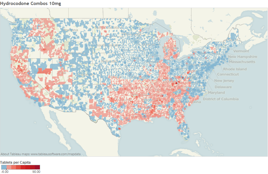 A map of the United States titled "Hydrocodone Combos 10mg". Small areas possibly counties are filled in with a color on a gradient from dark red to blue. A key indicates that the colors represent tablets per capita with blue being 6 and dark red being 90. 