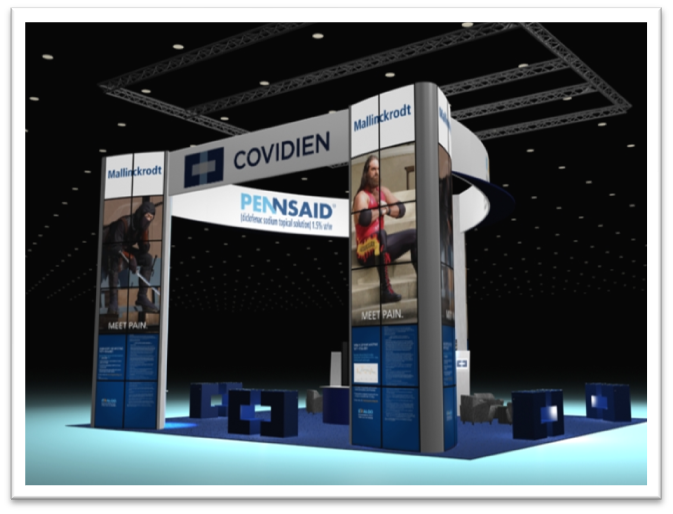 A trade show booth with a blue and white color scheme. The booth has a curved design with a large banner on the left side that reads "Covidien" and "Pennsaid" in bold letters. On the left side of the booth there is a Mallinckrodt advertisement featuring a person in a ninja outfit holding a sword. On the right side of the booth there is a Mallinckrodt advertisement of a man wearing a red and black wrestling outfit. Below the banner there are two smaller banners with the same text and images. The background is black and there are several blue cubes scattered around the booth representing tables. The overall design is modern and professional.