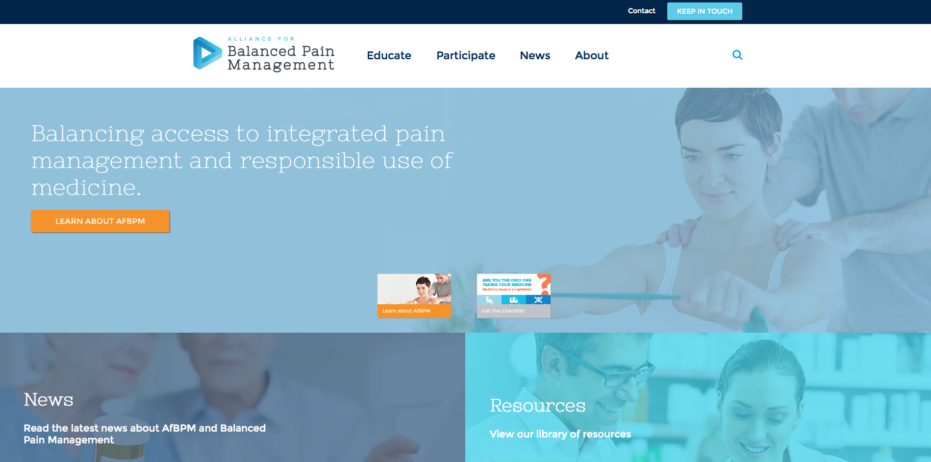 A screenshot of the homepage of a website called Balanced Pain Management. The website has a blue and white color scheme with a blue header and footer. The header has the company's logo and contact information at the top. Below the header there is a navigation bar with links to different sections of the website.<br /><br />The main content of the page is divided into a number of sections. The first section is titled "Balancing access to integrated pain management and responsible use of medicine". The second section has an image of a young woman with shoulder pain and the third section has a photo of a doctor and a patient. The fourth section has two images of a man and a woman and they are both smiling and looking at each other. The fifth section has text that reads "News" and "Resources".<br /><br />At the bottom of the image there are three smaller images that show the website's resources page. The overall design is modern and professional with a clean and clean layout.