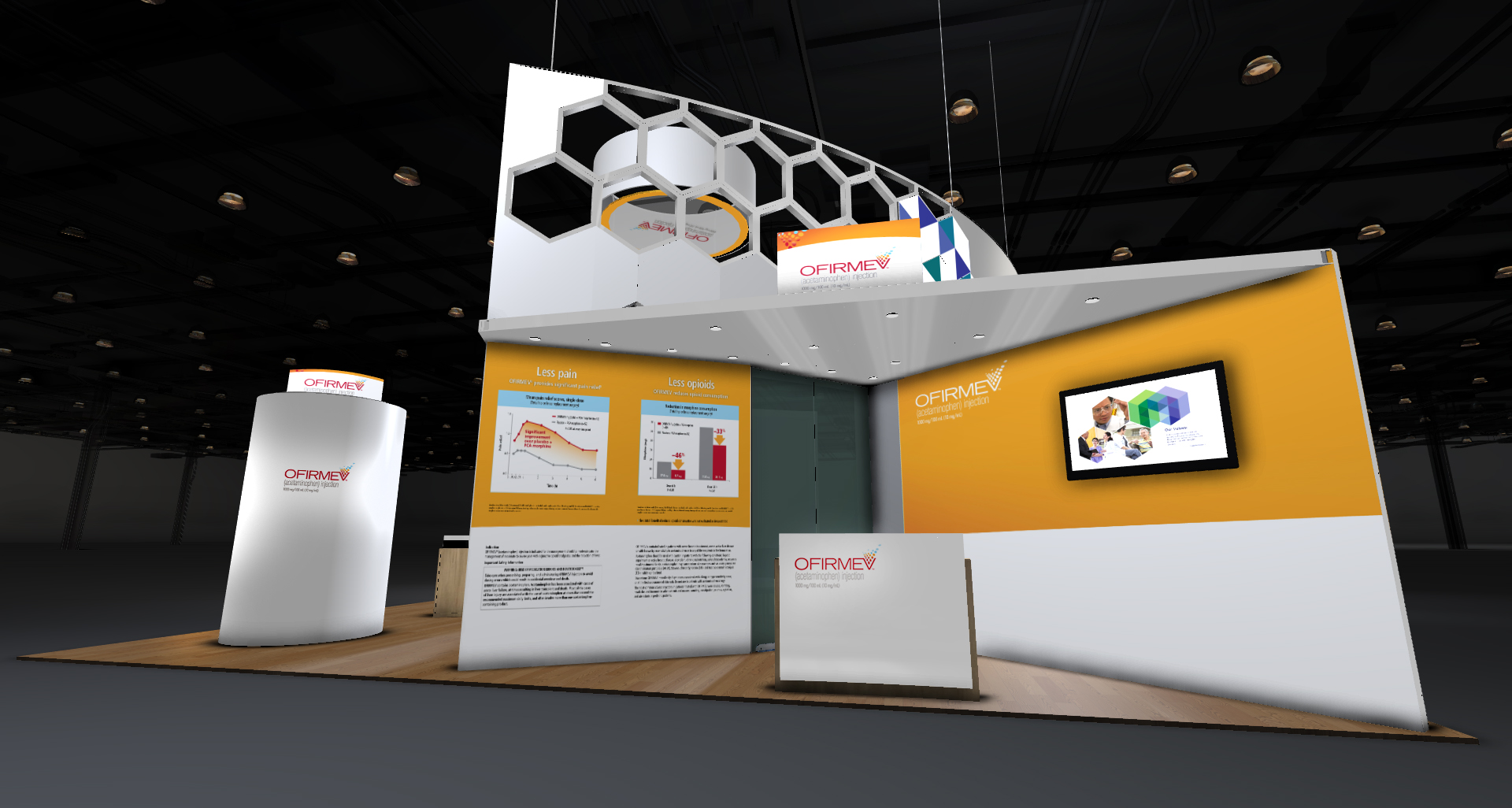 A trade show booth with a modern design. The booth is white and orange in color and has a large screen on the right side of the wall. The screen displays information about the company's products and services. On the left side there is a white pedestal with a red and white sign that reads "OFFICE". Above the booth there are several colorful banners hanging from the ceiling. The background is dark and there are rows of lights on the ceiling creating a bright and airy atmosphere. The overall design of the booth is sleek and professional.