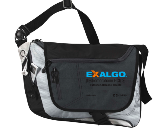 Of a black and grey shoulder bag with the brand name "EXALGO" written in blue on the front. The bag has a shoulder strap and a zippered pocket on the left side. On the right side there is a label that reads "hydromorphone HCI Extended-Release Tablets". The bag appears to be made of a durable material and has a sleek design.