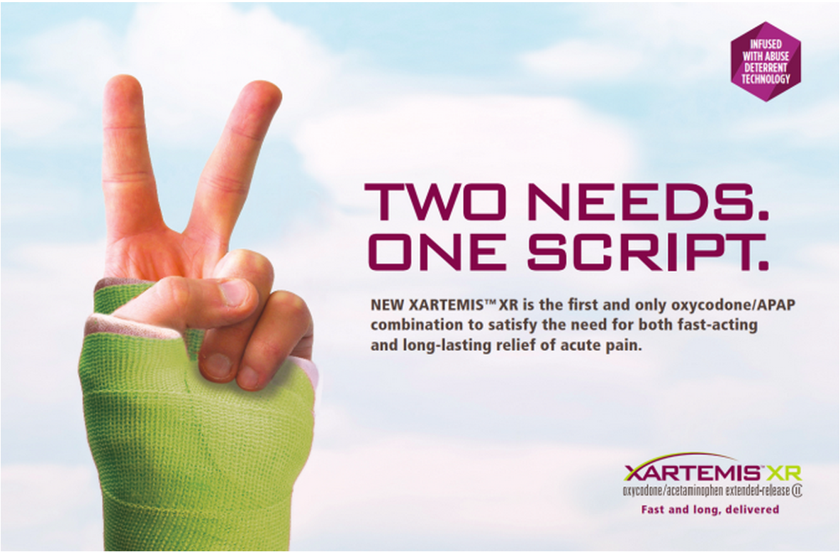 A hand with a green bandage wrapped around it making a peace sign with the fingers. The background is a light blue sky with white clouds. On the right side of the image there is text that reads "Two needs. One script. New XARTEMIS XR is the first and only oxycodone/APAP combination to satisfy the need for both fast-acting and long-lasting relief of acute pain. Fast and long delivered." The text is in purple and is accompanied by a logo of the company.