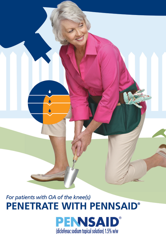 An elderly woman kneeling on the ground with a gardening tool in her hand. She is wearing a pink shirt beige pants and beige shoes. She has a green gardening bag slung over her shoulder and is smiling at the camera. The background is a light blue color with a white picket fence. On the left side of the image there is a blue speech bubble with the text "For patients with OA of the knee(s) Penetrate with Pennsaid" and on the right side there are two orange circles with the word "Pennsaid" written on them. The image also has a logo for Pennsaid a company that provides Diclofenac sodium topical solution.