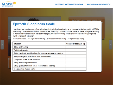 A screenshot of the worth Sleepiness Scale page on a website. The page is titled "Important Safety Information Prescribing Information" and has a blue header with the website's logo at the top. Below the header there is a table with three columns. The first column is labeled "Situation" and the second column is numbered "Chance of doing (0-3)". The table is divided into three sections. The second section has a list of questions and answers related to the sleepiness scale. The questions are: - How likely are you to do so off or fall asleep in the following situations in contrast to feeling just tired? - If you have not done some of these things recently try to wake up early in the morning you have a chance to choose the most appropriate number for each situation. At the bottom of the table there are two buttons - "Sitting and reading" and "Watching in a public place for example a theater or meeting". The third button is "Lying down in the afternoon" and it is likely used to answer the questions.