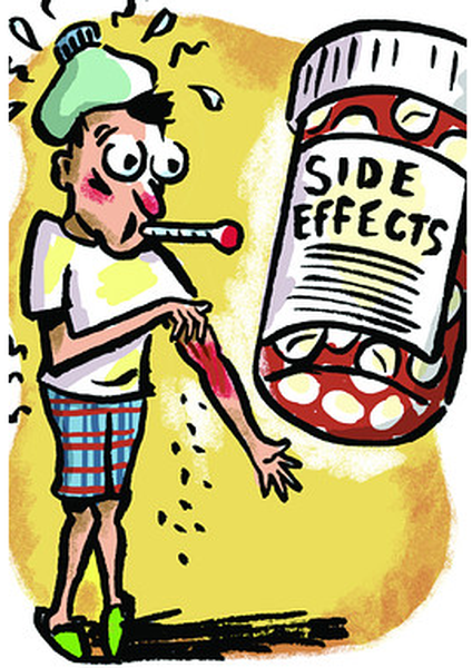 A cartoon illustration of a man wearing a green cap and plaid shorts. He is standing in front of a yellow background and is holding a red thermometer in his mouth. The thermometer is pointing towards the side effects of the thermometer which is visible on the right side of the image. The man appears to be coughing or sneezing as there are small particles flying around him. On the top right corner there is a red and white jar with the words "Side Effects" written on it.
