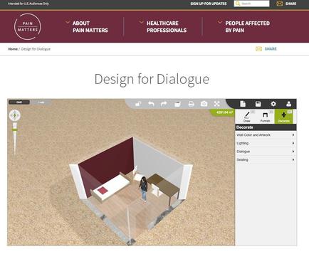 A screenshot of a website called "Pain Matters Design for Dialogue". The website has a maroon and white color scheme with the title "About Pain Matters" at the top. Below the title there is a navigation bar with various options such as "Home" "Design for Dialogue" "Healthcare Professionals" "People Affected by Pain" and "Share". On the right side of the image there are several icons representing different features of the website such as a map a search bar and a menu bar. On the left side there appears to be a 3D model of a room with a desk and a chair. The room has a white wall and a wooden floor and there are two people standing in the center of the room. The person on the desk is wearing a blue shirt and jeans and is looking at the map.