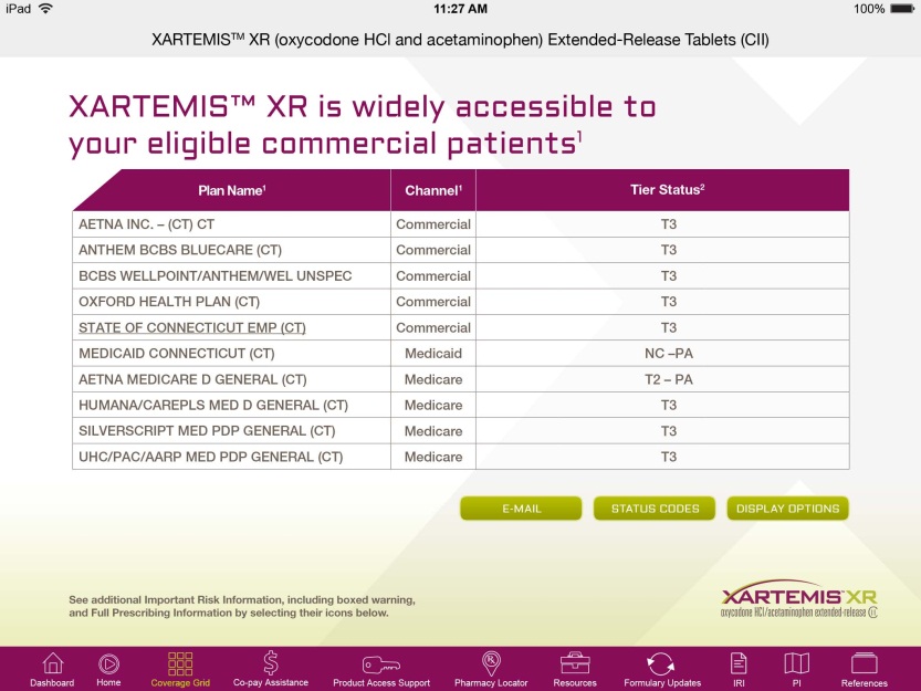 A screenshot of the XARTEMIS® XR (oxycodone HCI and acetaminophen Extended-Release Tablets (CII) website. The website has a purple and white color scheme and the title of the website is written in bold purple font at the top. The title of the page is "XARTEMIS XR is widely accessible to your eligible commercial patients". Below the title there is a table with three columns - Plan Name Channel  and Tier Status. The table is divided into three sections. The rows show the names of different commercial Medicaid and Medicare insurance plans. At the bottom of the table there are three buttons to select from: Email Status Codes and Display Options. At the bottom of the page is the XArtemis XR logo and a navigation menu.