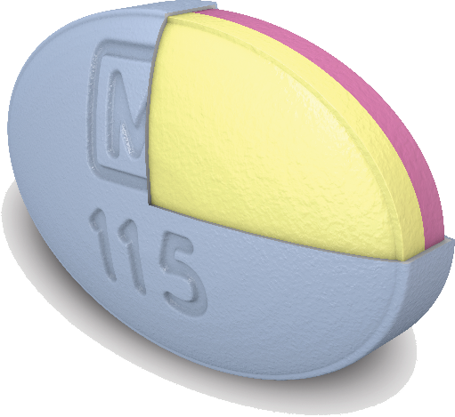 A 3D rendering of a blue oval-shaped object with the number 115 on it. The object appears to be made of a soft plush material possibly a sponge or a sponge pad. The top half of the object is yellow while the bottom half is pink. There is a small logo on the top left corner of the oval which is likely the letter "M". The background is black making the object stand out.