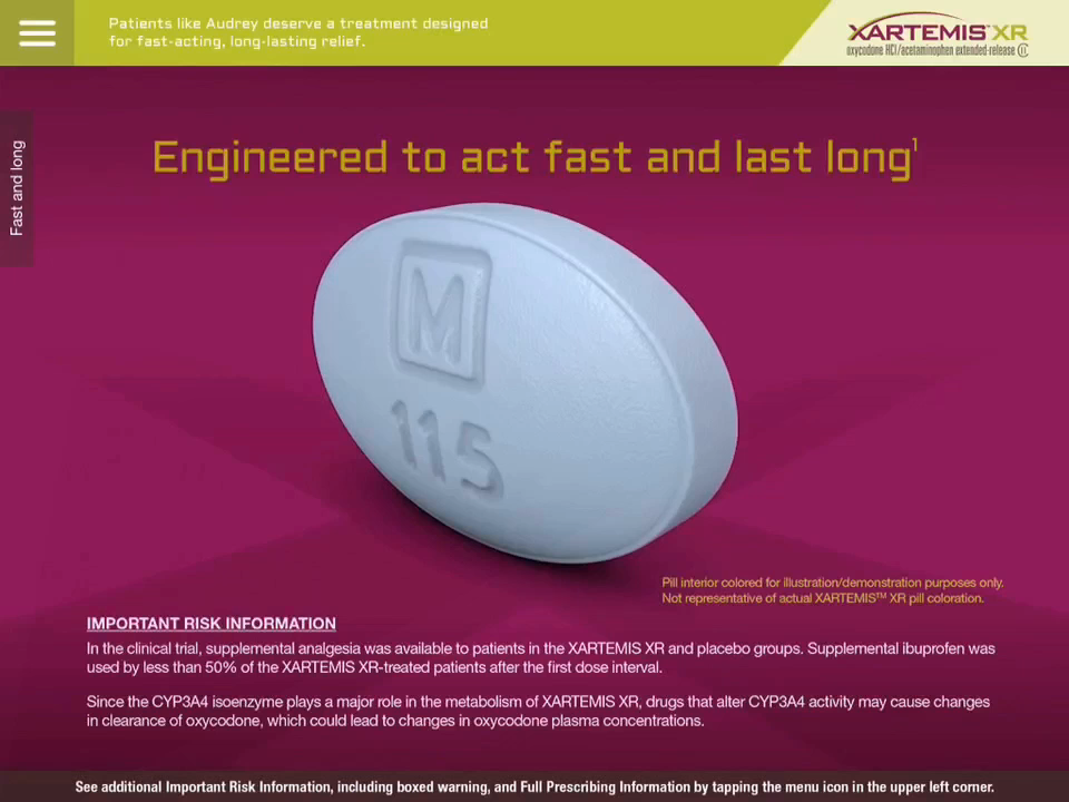 An advertisement for a medication called XARTEMIS XR. The advertisement features a white pill with the letter "M" on it and the number "115" written on it. The pill is placed on a pink background. Below the pill there is text that reads "Engineered to act fast and last long" and "Important Risk Information". <br /><br />At the top of the advertisement there are two buttons - "Patients like Audrey deserve a treatment designed for fast-acting long-lasting relief" and a link to the XARTEMS XR website. <br /><br />It also mentions the potential risks associated with the medication and how it can be used to improve the overall health and safety of the patient.