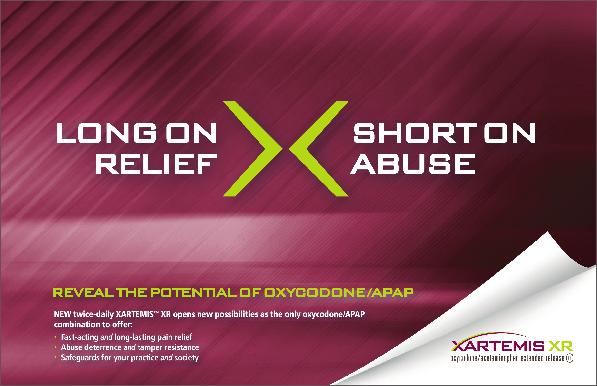 A graphic design with a maroon background and white text. The text reads "Long on Relief" and "Short on Abuse" in bold capital letters. Below the text there is a smaller text that reads "Reveal the potential of Oxycodone/APAP". The text is in a modern sans-serif font and is centered on the image. The overall design is simple and minimalistic.