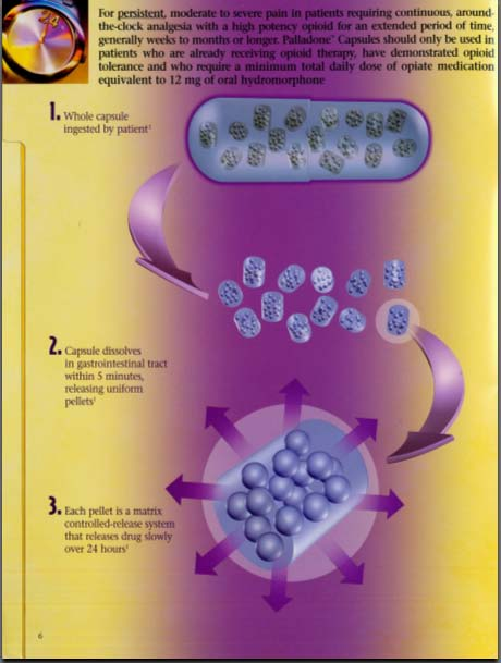 An infographic that explains the process of taking a capsule. It is divided into three sections.<br /><br />The first section is titled "For persistent moderate to severe pain in patients requiring continuous around-the-clock analysis with a high potency opioid for an extended period of time. The capsules should only be used in the treatment of opioid addiction. The treatment should be equivalent to 12 mg of oral hydromorphone. The first section explains that the whole capsule ingested by patient is a whole capsule. The second section explains how the capsule dissolves in gastrointestinal tract within 5 minutes releasing uniform pellets. The third section discusses how each capsule is a matrix controlled-release system that releases drug slowly over 24 hours. The infographic also mentions that each capsule contains a matrix of pills that are used to treat opioid addiction and that each pill is a medication that helps to reduce the risk of infection.