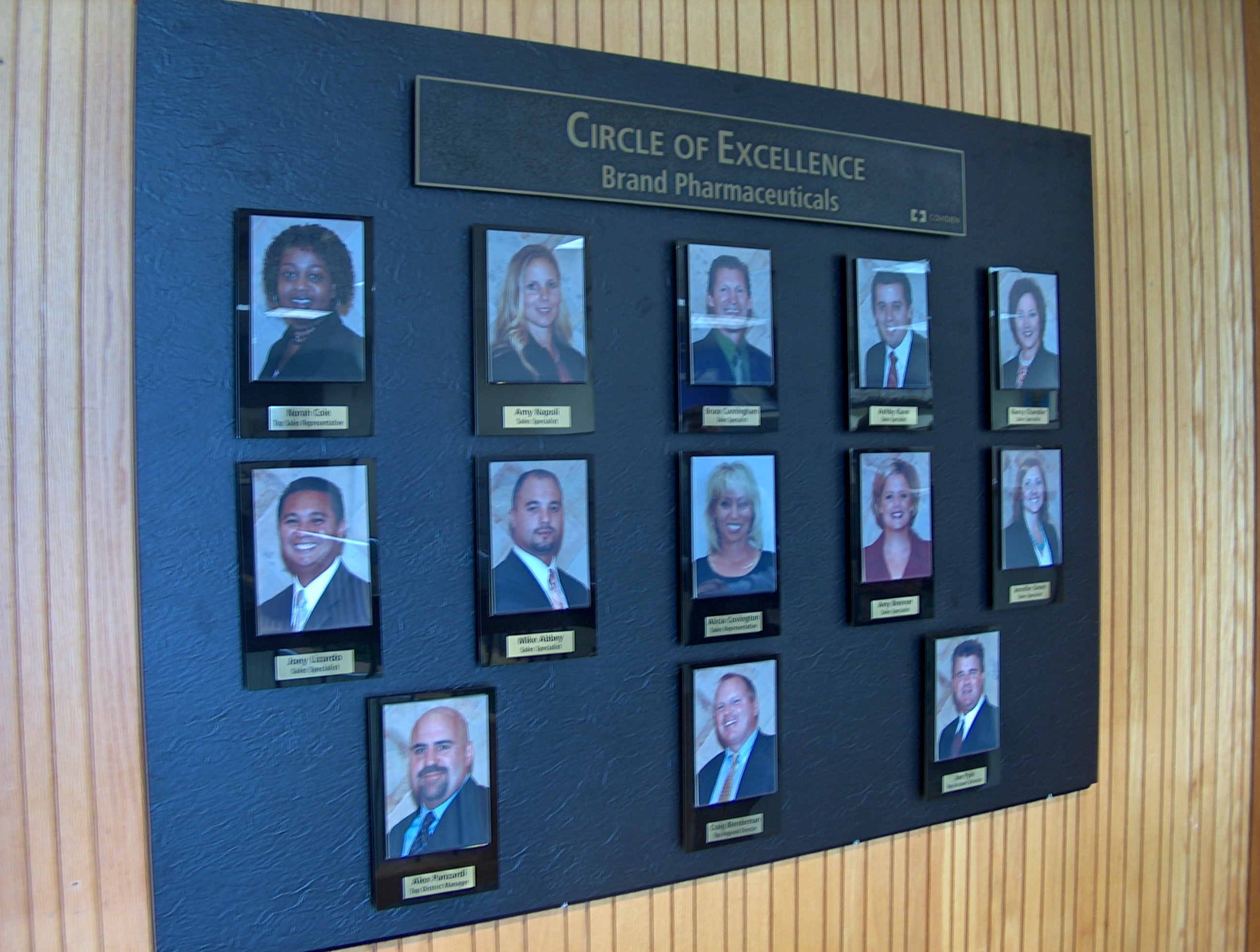 A black plaque with the words "Circle of Excellence Brand Pharmaceuticals" written in white capital letters at the top. Below the title there is a list of nine photographs arranged in a grid-like pattern. The photographs are of different people all of whom appear to be of different ages genders and ethnicities. <br /><br />The background of the plaque is a wooden panel and the overall color scheme of the image is dark blue.