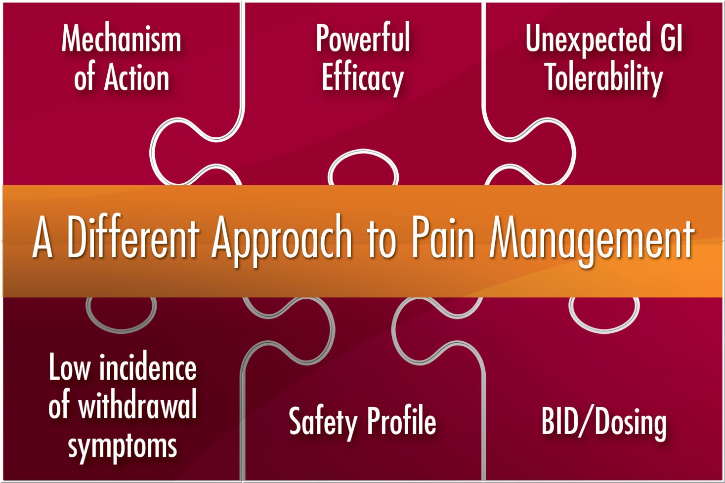 A graphic that represents a different approach to pain management. It has a red background with white text that reads "A Different Approach to Pain Management" in large bold font. Below the text there are four bullet points that explain the different aspects of pain management: Mechanism of Action Powerful Efficiency Unexpected GI Tolerability Low incidence of withdrawal symptoms Safety Profile and Bid/Dosing. The bullet points are arranged in a grid-like pattern with each bullet point representing a different aspect of the approach.<br /><br />The first bullet point on the left side of the image reads "Mechanism of Action" and the second bullet point reads "Powerful Efficiency". The third bullet point in the middle reads "Unexpected GI tolerance". The fourth bullet point at the bottom reads "Safety Profile".<br /><br />Overall the image conveys the idea of a comprehensive approach to managing pain management and how it can be used to improve one's overall health and wellbeing.