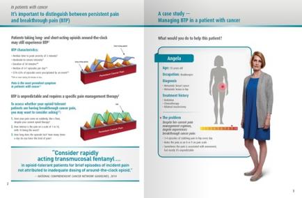 An idiographic that explains a case study on managing BIP in a patient with cancer. It is divided into two sections. On the left side of the image there is a title that reads "It's important to distinguish between persistent pain and breakthrough pain (BIP)". Below the title there are three graphs that explain the different types of BIP and how it can be used to manage the condition. The first graph on the left shows that BIP is a type of pain management therapy that helps to reduce pain and improve the overall health of the patient. It also explains that it is important to take long-term care and short-acting pain around the clock. The second graph shows that the BIP can help the patient to manage their BIP which is a condition that causes pain and inflammation in the body. The third graph shows how BIP affects the patient's overall health and can help them manage their symptoms and treatment history. The idiographic also includes a brief description of the case study and a call to action to consider rapidly acting transmucosal fentanyl.