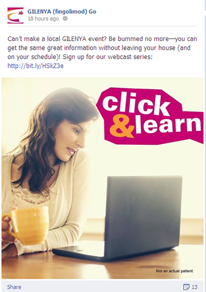 An advertisement for a website called "Click & Learn". It features a young woman sitting at a desk with a laptop and a cup of coffee in front of her. She is wearing a white blouse and has long dark hair. The background is blurred but it appears to be a room with a window. The text on the image reads "Can't make a local glenda event? Be bummed no more-you can get the same great information without leaving your house (and on your schedule) Sign up for our webcast series: http://bit.ly/HSKZ3E". There is also a pink banner at the top of the image with the website's logo and contact information.