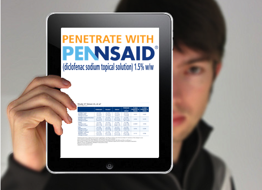 A young man holding a tablet with the text "Penetrate with Pennsaid" on the screen. The tablet is black in color and the text is in orange and blue. The background is white. The man is wearing a black jacket and is looking at the tablet with a serious expression on his face.