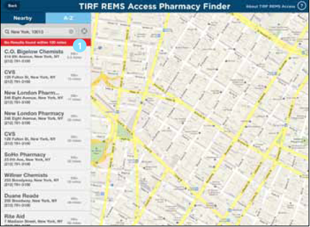 A screenshot of the tire REMS Access Pharmacy Finder app. It shows a map of a city with various roads and highways marked on it. The map is in black and white and shows the streets buildings and other landmarks of the city. On the left side of the image there is a menu bar with options such as "Nearby" "New London Pharmacy" "CVS" "Soho Pharmacy" and "killer Chemists". On the right side there are several icons representing different locations within the map. At the top of the screen the ape's logo is displayed in blue and white.