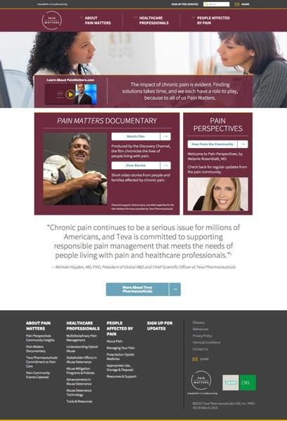 A screenshot of the homepage of a website called "Pain Matters Documentary". The website has a maroon and white color scheme with a modern and professional design. At the top of the page there is a navigation bar with links to different sections of the website. The main content area of the webpage is divided into three sections. The first section is titled "Chronic pain continues to be a serious issue for millions of Americans and tea is committed to supporting responsible pain management that meets the needs of people living with pain and healthcare professionals." The second section has a photo of a man and a woman talking to each other and the third section has an image of a woman with shoulder pain. At the bottom of the image there are several buttons for users to navigate through the website such as "About Pain Matters" "Sign Up for Updates" and "Contact Us". There is also a link to a website for more information about the website and a button to sign up for updates.