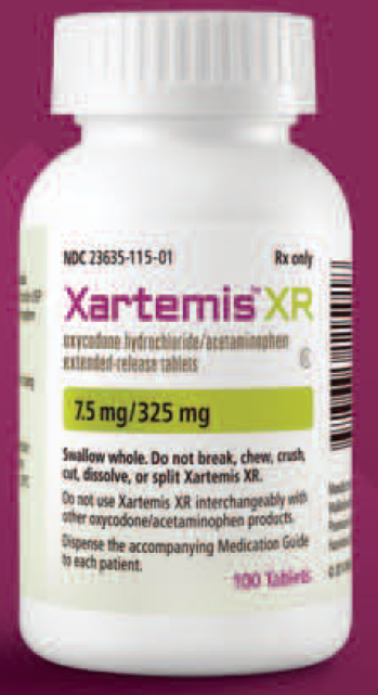 A photograph of a white plastic bottle with a white cap. The bottle is labeled "Xartemis XR" and has a label that reads "7.5 mg/325 mg". Below the label there is a description of the product which states that it is a small whole do not break chew crack out dissolve or split Xartemis XR. The label also mentions that the product is not suitable for use with other oxycodone/acetaminophen products. There is also a barcode on the right side of the bottle. The background of the image is blurred but it appears to be a pinkish-purple color.