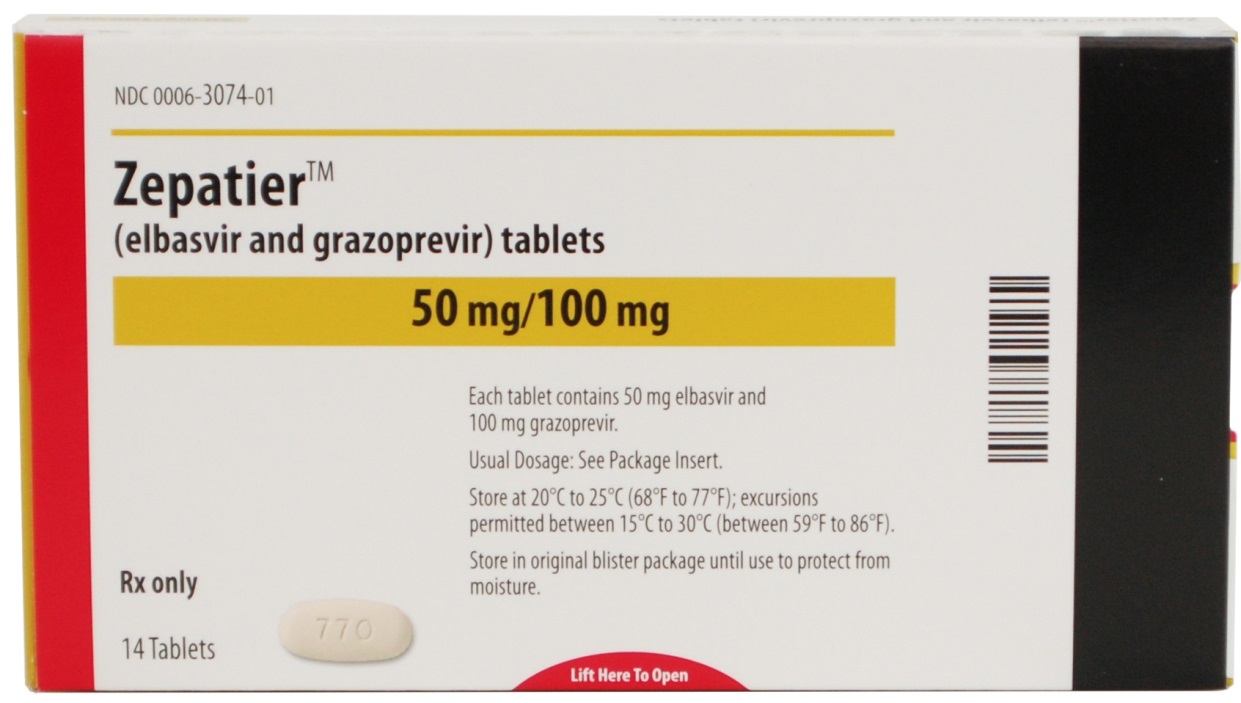 A photograph of a white and red box of Zepatier (elbasvir and grazoprevir) tablets. The box is rectangular in shape and has a black border on the top and bottom. The front of the box has a label with the product name and dosage information. The label also has a barcode on the right side. The text on the label reads "50 mg/100 mg" and "Each tablet contains 50 mg of elbasvir 100 mg of grazoprevir. Useable dosage: See Package Insert. Store in original blister package until use to protect from moisture." There is also a small white pill on the bottom right corner that says "Rx only. 14 Tablets."