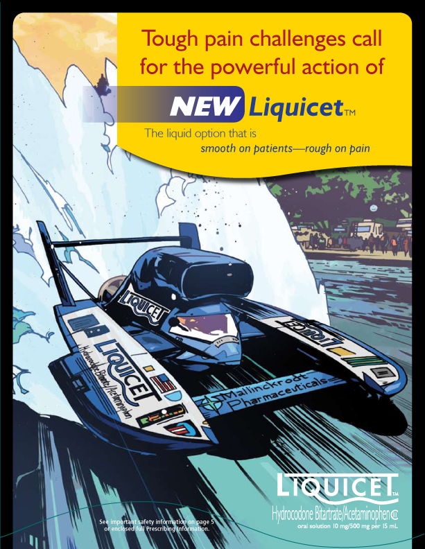 An advertisement for a product called Liquicet. The main text reads: "Tough pain challenges call for the powerful action of NEW Liquicet". The background of the image is a blue sky with white clouds and a body of water in the foreground. In the center there is a black and white illustration of a speedboat with the name "Liquicet" written on it. The boat is in motion with the water splashing around it. On the right side of the boat there are a few people standing on the shore watching the boat. The text on the image reads "The liquid option that is smooth on patients - rough on pain". The text is written in white and yellow and the brand's logo is in the bottom right corner.