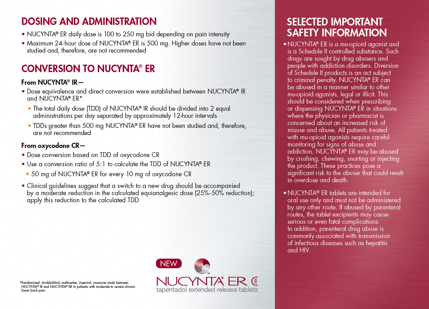 An advertisement for Nucynta ER. It consists of three sections : Dosing and Administration Conversion to Nucynta ER and Selected Important Safety Information. It has a white and red background with text in red black and white. The logo for Nucynta ER is included at the bottom.