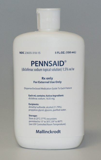 Of a white plastic bottle with a white cap. The bottle is labeled "PENNSAID" and has a label that reads "5 FL.OZ. (150 mL) (diclofenac sodium topical solution) 1.5% w/w". Below the label there is a description of the product which states that it is for external use only. The label also mentions that the product contains active ingredients such as sodium sulfate glycerin and purified water. There is also a label on the bottom right corner of the bottle that says "Mallinckrodt". The bottle appears to be new and unused.