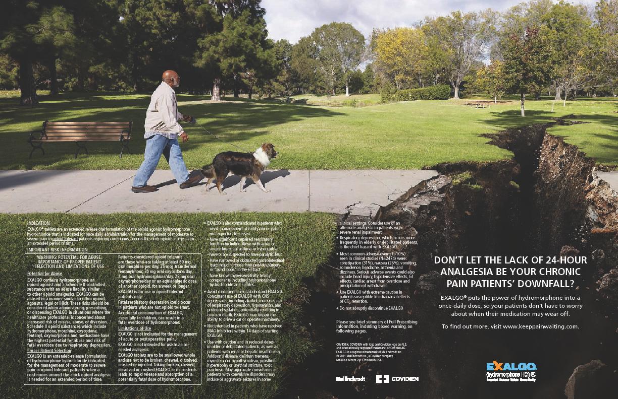 A man walking his dog on a sidewalk in a park. The man is wearing a white shirt and blue jeans and is holding a leash attached to the dog's collar. The sidewalk is made of concrete and there is a large crack running through it. The background shows a grassy area with trees and a bench. The sky is blue and there are a few clouds in the sky. On the right side of the image there is text that reads "Don't let the lack of 24-hour analgesia be your chronic pain patients' downfall".