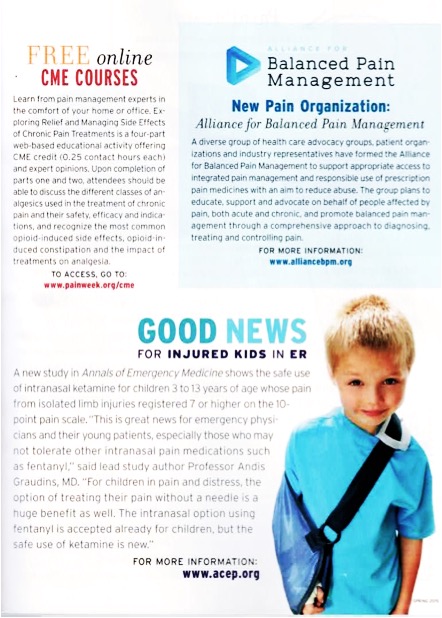 An advertisement for a free online CME course on balanced pain management. The background is white and the text is in black. On the right side of the image there is a photo of a young boy wearing a blue t-shirt and a sling. He is smiling and looking directly at the camera. The text on the image reads "Balanced Pain Management: New Pain Organization: Alliance for Balanced Pain Management". Below the photo there are two bullet points that explain the course and its benefits. <br /><br />The first bullet point explains that the course is free online and provides information about the course while the second bullet point discusses the benefits of the course. It also mentions that it is a new study in Annals of Emergency Medicine that shows the safe use of injured kids in ER.<br /><br />At the bottom of the advertisement it says "Good News for Injured Kids in ER" and "For more information: www.acep.org".