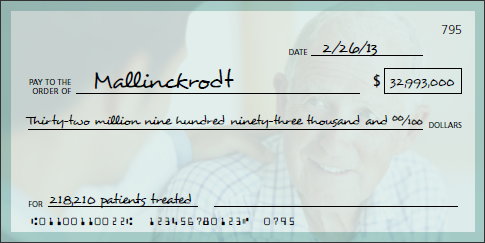 A check for a patient named Mallinckrodt. The check is rectangular in shape and has a light blue background. On the left side of the check there is a photo of an elderly man with white hair and a blue shirt. He is smiling and looking directly at the camera. <br /><br />On the right side there are two lines of text that read "Pay to the Order of" and "Date: 2/26/13". Below the text it reads "Thirty-two million nine hundred  ninety-three thousand and 100 dollars". The text is written in black font and is centered on the check.<br /><br />At the bottom of the page there has a space for the patient's name address phone number and other details. There is also a note that reads "For 218210 patients treated" and a barcode at the bottom.