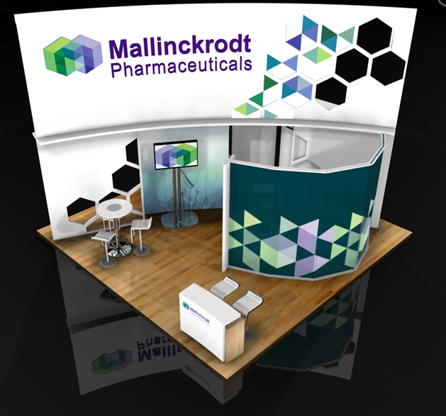 A 3D rendering of a trade show booth for Mallinckrodt Pharmaceuticals. The booth has a white background with a colorful geometric design on the top left corner. On the right side of the booth there is a large banner with the company's logo and name in bold black letters. Below the banner there are two smaller banners with the same geometric design.<br /><br />The booth itself is made of wood and has a curved design with a blue and green color scheme. There is a small table and two chairs in front of the table and a small white box on the floor. The overall design is modern and eye-catching with a focus on the company and its products.