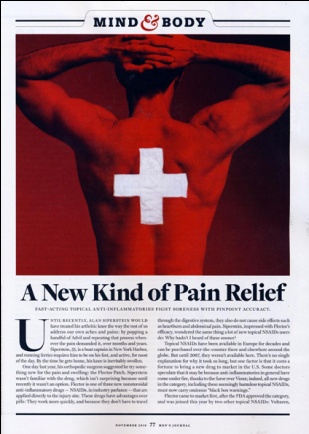 An advertisement for Mind & Body magazine. It features a photograph of a man's back with a white cross on his back. The man is standing with his arms stretched out to the sides and his head tilted back as if he is deep in thought. The background is a deep red color and the text on the image reads "A New Kind of Pain Relief" in bold white letters. Below the text there is a brief description of the magazine's contents which states that the magazine is focused on providing relief from pain and inflammation. The magazine's logo is also visible in the top left corner.