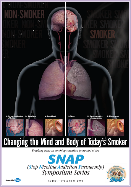 A poster for the Stop Nicotine Addiction Partnership Symposium Series. It features a black background with a large illustration of a human body in the center. The body is divided into two sections with the left side showing the lungs and the right side showing a brain. The lungs are shown in pink and the brain is shown in white.<br /><br />The text on the poster reads "Changing the Mind and Body of Today's Smoker" in bold white letters. Below the illustration there is a subtitle that reads "Stop Nicotine Addiction Partnerships Symposium" in smaller white letters with a logo of the Symposium in the bottom right corner. The poster also includes a brief description of the symposium which states that the event is taking place on August 6th 2006.