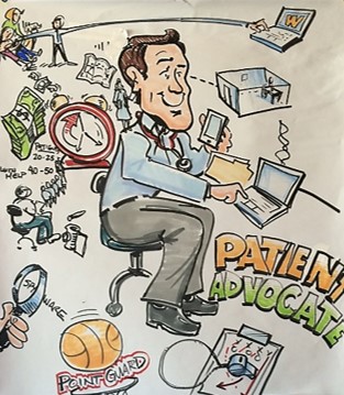 A cartoon illustration of a man sitting on a chair and working on a laptop. He is wearing a blue shirt grey pants and a stethoscope around his neck. He has a big smile on his face and is holding a clipboard in his hand. The background is white and there are various doodles and illustrations around him including a clock a laptop a person's hand holding a magnifying glass a basketball a clipboard with the words "Patient Advocate" written on it and other medical-related items. The overall theme of the image is patient advocacy.