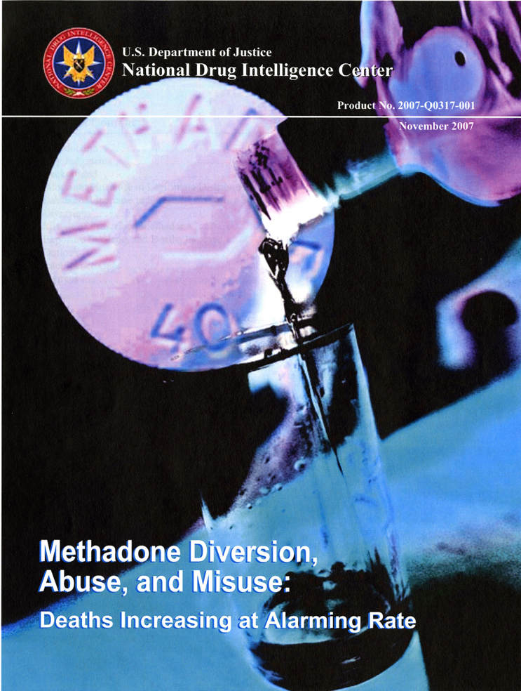 A cover of a book titled "Methadone Diversion Abuse and Misuse: Deaths Increasing at Alarming Rate". The cover features a close-up of a beaker with a pink liquid pouring out of it. The background is black and the title of the book is written in white text at the top and bottom of the cover. The U.S. Department of Justice National Drug Intelligence Center logo is also visible in the top left corner.