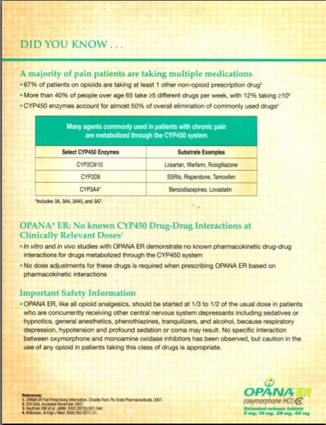 An infographic titled "Did you know... A majority of pain patients are taking multiple medications." It has a yellow background with black text. The text provides statistics on this topic and there is a table titled "Many agents commonly used in patients with chronic pain are metabolized through the CYP450 system" which has two columns "Select CPY450 Enzymes" and "Substrate Examples". <br /><br />A heading under the table reads: "OPANA ER: No known CYP350 Drug-Drug Interactions at Clinically Relevant Doses" with two bullet points providing related information. At the bottom of the page there a section titled "Important Safety Information" as well as references and the Opana ER logo.