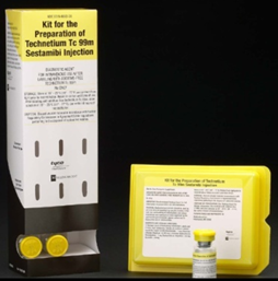 A kit for the preparation of Technetium TC 99m Sestamibii injection. The kit is presented in a white box with a black label on the front. The label has the product name and description written in black text. The box is rectangular in shape and has a handle on the top for easy carrying. On the right side of the box there is a small yellow vial with a yellow cap. The vial is placed next to the box. The background is black making the yellow box and vial stand out.