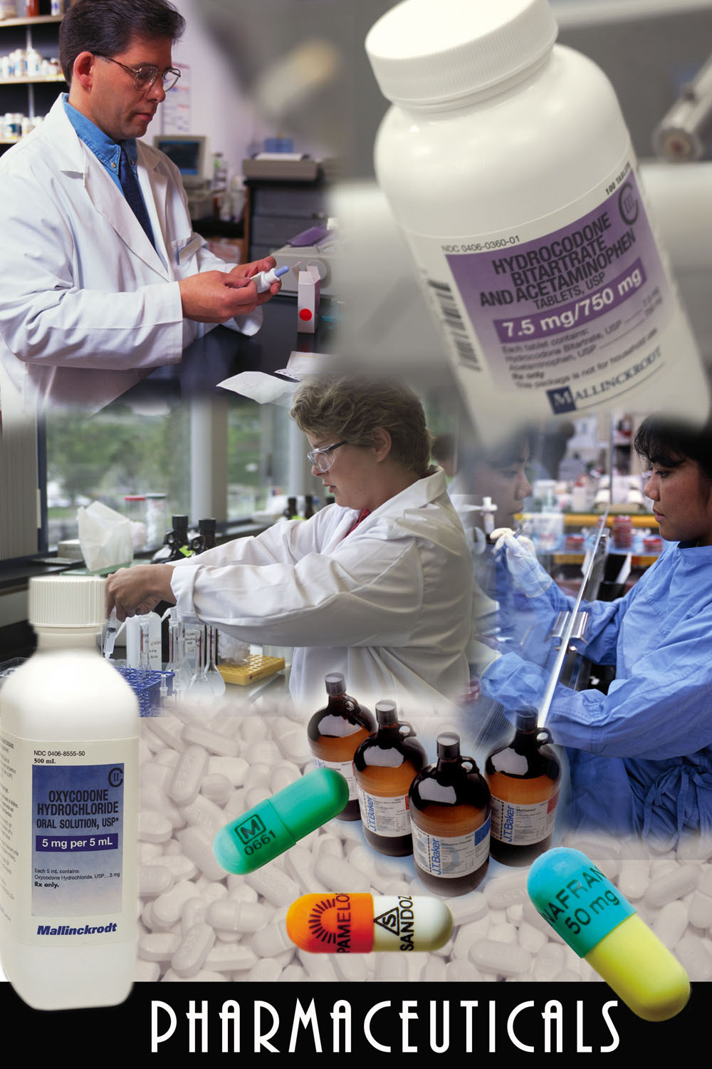 A collage of three photos of a laboratory setting. The first photo on the top left shows a man in a white lab coat and glasses working in a laboratory. He is holding a pipette and appears to be conducting a scientific experiment. The second photo in the middle shows two women in lab coats working in the laboratory. They are both looking at a large white bottle with a label that reads "Hydrocodone Bitartrate and  Acetaminophen 7.5 mg/750 mg". The third photo shows several smaller bottles of different sizes and colors including white orange and green. The background shows shelves with various laboratory equipment and supplies. The image also has the words "Pharmaceuticals" written in bold letters at the bottom.