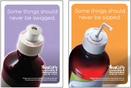 An advertisement for TussiCaps. It is collage of two photographs of a bottle of cough syrup. The bottle is red in color. On the left the background is orange and the bottle has a water bottle lid with the caption "Some things should never be swigged." On the right the background is purple and the bottle has a straw in it with the caption "Some things should never be sipped." Both images have the TussiCaps logo in the bottom right corner.