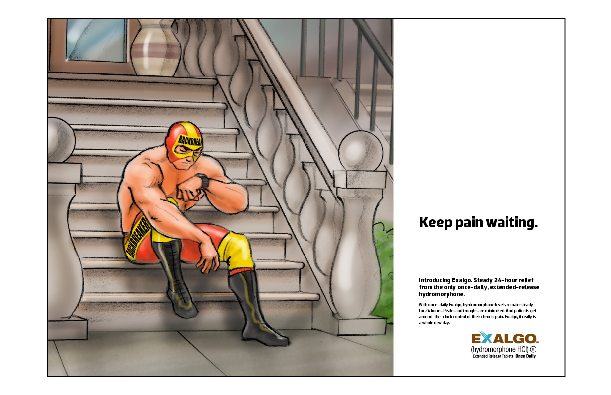 A cartoon illustration of a man sitting on the stairs of a building. He is wearing a red and yellow superhero costume with a yellow mask covering his face. He has a muscular build and is sitting with his legs crossed and his hands resting on his knees. The stairs are made of stone and have a railing on one side. There is a vase on the other side of the stairs and a window on the left side. The background is a gray wall with a plant on the right side. On the bottom right corner of the image there is a text that reads "Keep pain waiting."