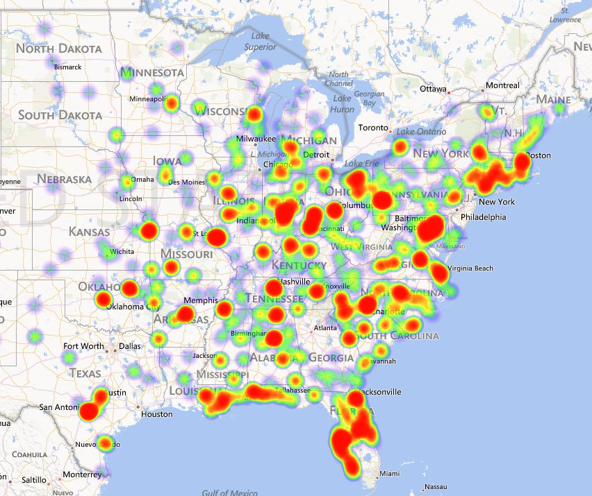 A map of the east half of North America focusing on the United States of America. It is overlaid with a heat map where major cities and metro areas are marked with red particularly the region between Boston and Washington DC and fade out to blue and green with further distance from the cities. There are also a number of green and bluish purple spots across the map. There is no key indicating what the shades mean.