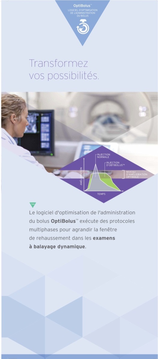 A cover page of a brochure or report titled "Transformez vos possibilités" which translates to "Transform your possibilities" in English. The background of the page is white with a blue triangle in the center. On the left side there is a photo of a woman in a lab coat looking at a computer screen. She appears to be a doctor or a medical professional. <br /><br />On the right side the title of the brochure is written in bold black letters at the top followed by the subtitle "Le logiciel d'optimisation de l'administration du bolus OptiBolus" in smaller black letters. Below the title there are three bullet points in French.<br /><br />The overall design of the cover page is modern and professional with a clean and clean layout.