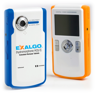 Two electronic devices one in blue and the other in orange. The blue device is an Exalgo (Hydromorphone HCI) Extended-Release Tablets which is a device used to measure the presence of hydrochloric acid in the body. The orange device is a digital video camera which can be used to record and record video footage. Both devices have a small LCD screen on the front and a button on the right side for adjusting the settings. The device also has a built-in microphone and a USB port for connecting to a computer or other device.