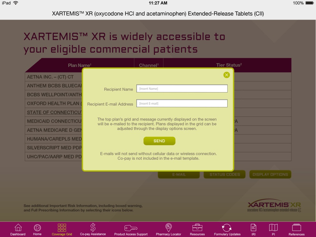 A screenshot of the XARTEMIS® XR (oxycodone HCI and acetaminophen Extended-Release Tablets (CII) website. The website has a purple and white color scheme with a navigation bar at the top. Below the navigation bar there is a form with fields for the user to enter their name email address and phone number. <br /><br />At the bottom of the form there are buttons for "Send" and "Display Options". The form also has a link to the website's website for more information about the website.<br /><br />The main content of the page is a message that reads "Xartemis™ XR is widely accessible to your eligible commercial patients". The message is displayed in a yellow box with a white background and black text. There is also a button to send the message.