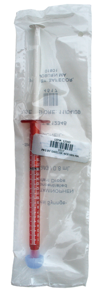 A medical syringe in a transparent plastic bag. The syringe is red and blue in color and has a long needle with a pointed tip. The bag has a label on it with the brand name "BOSCH" and a barcode. The label also has some information about the syringe such as its size weight and other specifications. The background of the image is white.