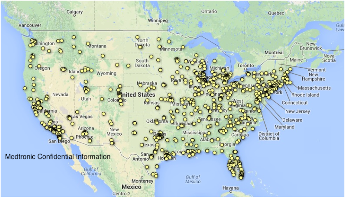 A map of North America with a focus on the United States of America. The map is covered with dozens of yellow dots. There is no key to indicate what the dots represent. The map is labeled "Medtronic Confidential Information".